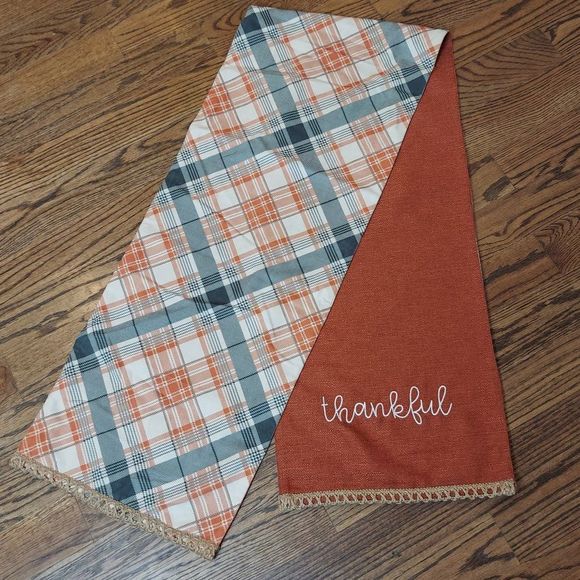 Autumn Thanksgiving Reversible Embroidered Plaid Table Runner - Picture 1 of 8